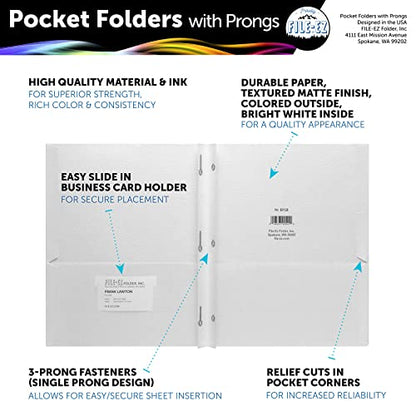 FILE-EZ Two-Pocket Folders with 3-Prong Fasteners, White Color, 25-Pack, Durable Textured Paper, Matte Finish, Letter Sheet Size (EZ-92510) - color: White