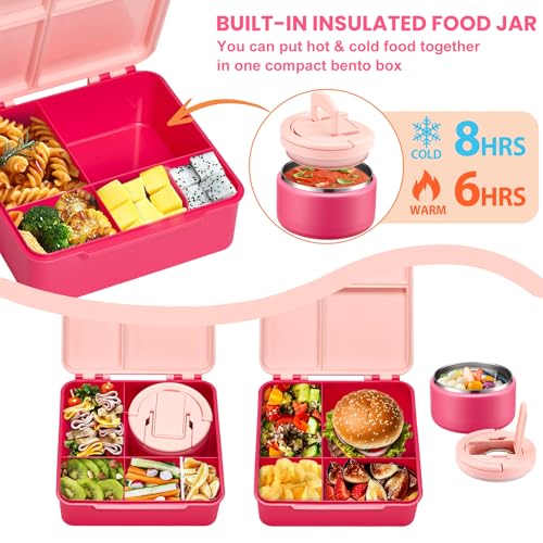 Bento Lunch Box for Kids with 8oz Soup Thermo,Kids Leakproof Lunch Food Containers with 4 Compartment,Kid Insulated Thermo Hot Food Jar for School,Trvael-Pink - color: Pink