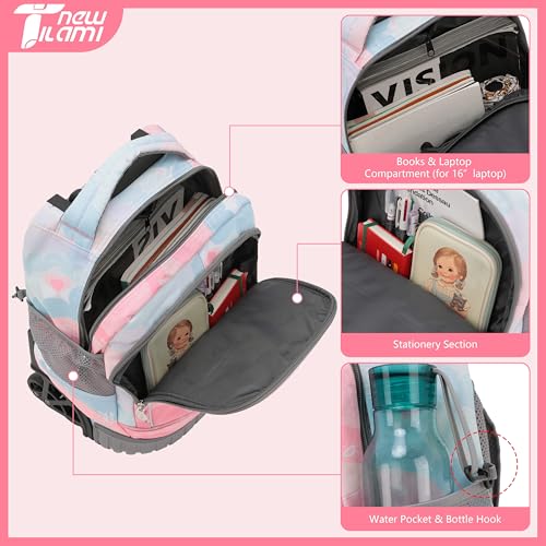 NEW TILAMI 16 Inch Rolling Backpack with Lunch Bag for Kids Adjustable Handle Carry-on Suitcase Wheels for Girls Boys School Travel Camping, Pastel Pink - Blue - color: Pastel Pink - Blue