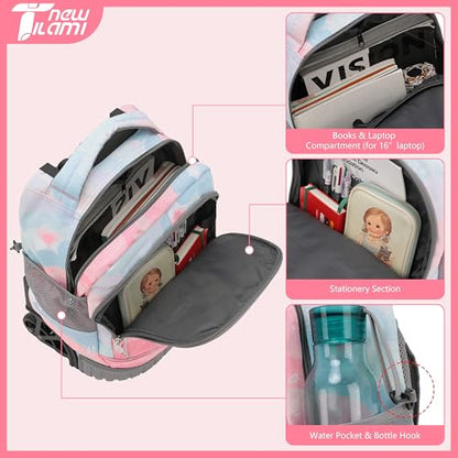 NEW TILAMI 16 Inch Rolling Backpack with Lunch Bag for Kids Adjustable Handle Carry-on Suitcase Wheels for Girls Boys School Travel Camping, Pastel Pink - Blue - color: Pastel Pink - Blue
