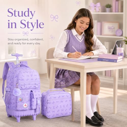 WZLVO 3PCS Girls Rolling Backpack, Water Resistance Roller Bookbag, Women Aesthetic Wheeled School Bag Set with Lunch Box & Pencil Bag for Teens & Kids - Purple Bow - color: 3pcs Girls Rolling Backpack - Purple Bow
