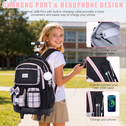 Bevalsa Rolling Backpack for Girls, Roller Backpack with Wheels, Cute Bow Wheeled School Bookbag Set with Lunch Bag & Pen Case, Suitcases for Kids Teens Elementary Middle Student (Black Pink) - color: Black Pink