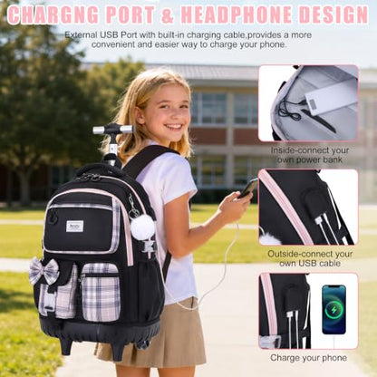 Bevalsa Rolling Backpack for Girls, Roller Backpack with Wheels, Cute Bow Wheeled School Bookbag Set with Lunch Bag & Pen Case, Suitcases for Kids Teens Elementary Middle Student (Black Pink) - color: Black Pink