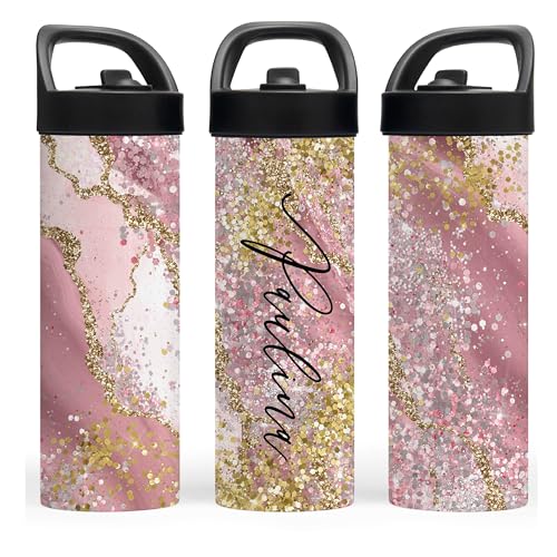 Personalized Leakproof Water Bottle 25oz | Gym Water Bottles | Running Cup | Pink Marble with Gold Glitter Effect with Name | Adult Custom Tumbler | ECO Friendly Inks - color: Pink and Gold