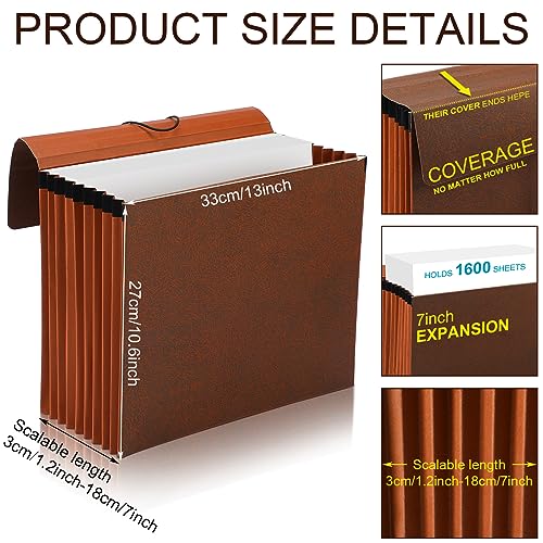 PerKoop 5 Pcs Expanding File Folder with Flap 7 Inch Expansion Expanding File Wallet with Elastic Cord Closure Letter Size Heavy Duty Document Organizer, 10 Slots, Brown