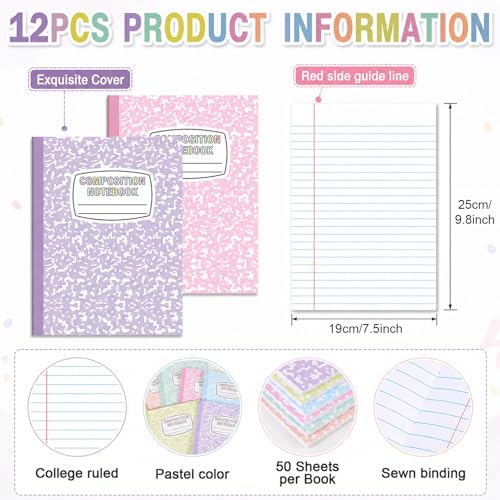 12 Pack Large Composition Notebooks Bulk 9.8 × 7.5 in Wide Ruled Hard Cover Composition Book Assorted Marble Journal College Ruled Paper for Adult Student College Office Back to School Supply(Pastel) - size: 12 Pack, style: Pastel