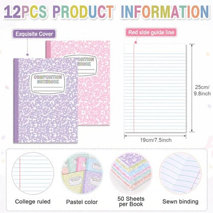 12 Pack Large Composition Notebooks Bulk 9.8 × 7.5 in Wide Ruled Hard Cover Composition Book Assorted Marble Journal College Ruled Paper for Adult Student College Office Back to School Supply(Pastel) - size: 12 Pack, style: Pastel