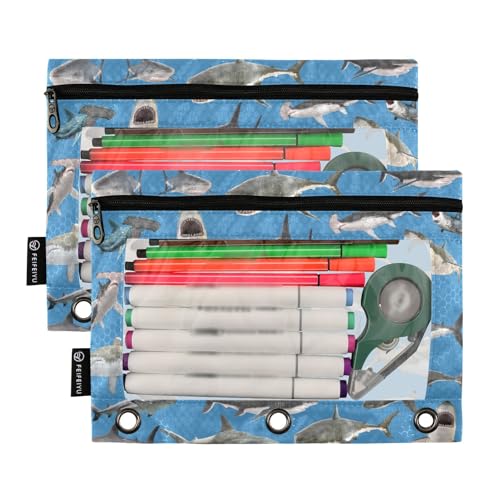 Shark Hammerhead Shark Pencil Pouch for 3 Ring Binder, Binder Pencil Pouches with Clear Window Zipper Pencil Case for Office College Supplies, 2PCS (B0314) - color: B0314