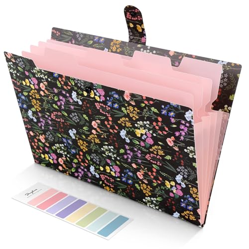 SKYDUE Accordion File Organizer, Floral Expanding File Folders with 5 Pockets, Cute Document Organizer for Paper Bills Receipt Storage, School Office & Hospital Supplies Letter/A4 Size Black - color: Black