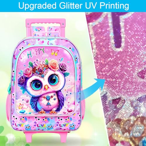 3Pcs Rolling Backpack for Girls, Owl Kids School Backpacks with Wheels, Roller Bookbag with Lunch Box for Elementary Preschool(Pink) - color: Owl Pink