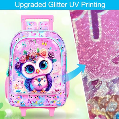3Pcs Rolling Backpack for Girls, Owl Kids School Backpacks with Wheels, Roller Bookbag with Lunch Box for Elementary Preschool(Pink) - color: Owl Pink