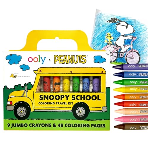 Ooly x Peanuts Travel Art Kit with 9 Jumbo Crayons & 48 Themed Coloring Pages & Case for Easy Traveling Art Creation, Perfect Airplane & Road Trip Activities for Kids - color: Peanuts Friends
