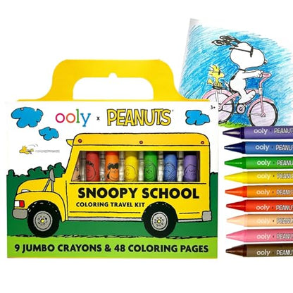 Ooly x Peanuts Travel Art Kit with 9 Jumbo Crayons & 48 Themed Coloring Pages & Case for Easy Traveling Art Creation, Perfect Airplane & Road Trip Activities for Kids - color: Peanuts Friends