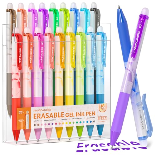 Four Candies Erasable Gel Pens, 0.7 mm Fine Point Pens, 18 Assorted Colors | Make Mistakes Disappear, Erasable Pens Multicolor, Retractable Erasable Pens for School, Journaling & Office Writing - color: 18 Colors
