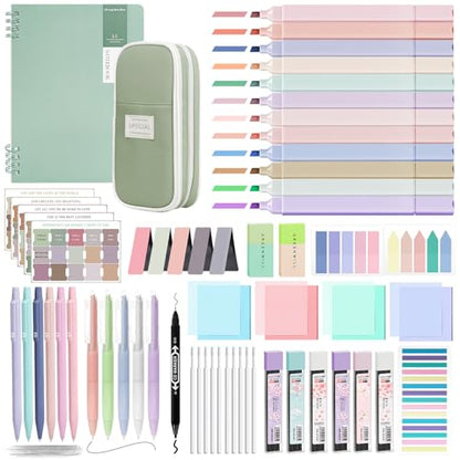 Bible Study Supplies Journaling Kit with Pen Case,12 Pastel Highlighters,5 Black Ink Gel Pens, 6 Mechanical Pencils 0.5 & 0.7mm,Sticky Note Index Tab and So on for bible study - color: Green