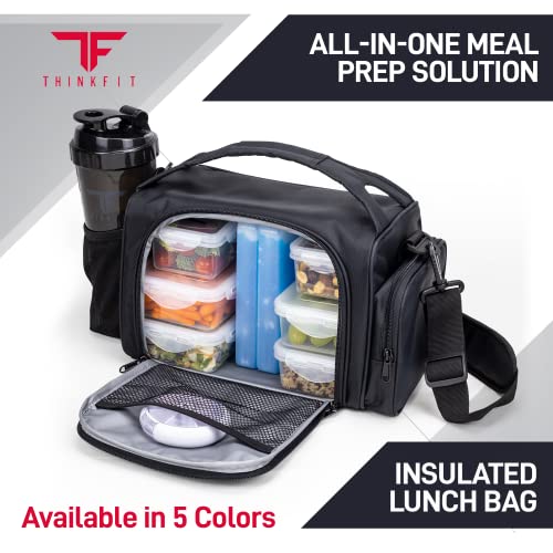 ThinkFit Insulated Meal Prep Lunch Box with 6 BPA-Free, Reusable, Microwavable, Freezer Safe Food Portion-Control Containers, Shaker Cup, Pill Organizer, Lunch Bag with Storage Pocket - (Black) - color: Black