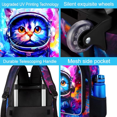 gxtvo Kids Rolling Backpack for Girls, Roller Wheeled Bookbag - Wheeled Elementary School Bag - 3PCS Cat - color: Space Cat Rolling Set