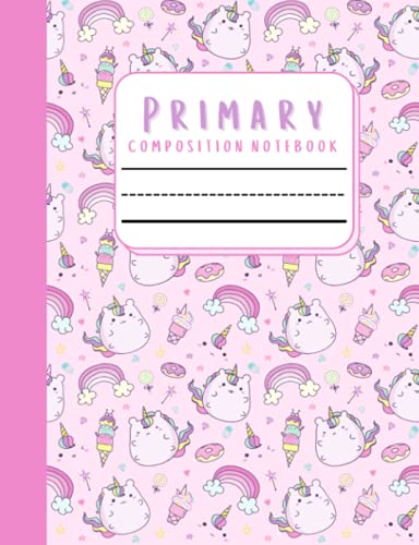 Primary Composition Notebook: Draw and Write Story Journal With Dotted Midline and Picture Space, Kawaii Kitty Unicorn