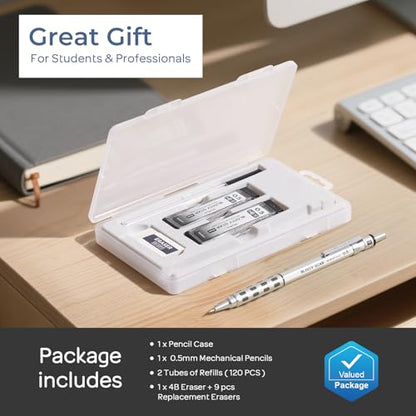 Nicpro Blocky Gear 0.5 mm Mechanical Pencil Set in Case | Metal Pencil with Lead Refills, Eraser for Professional & Adult Art Writing Drafting Drawing - size: 0.5 mm