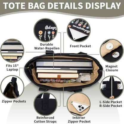 25 PCS Bible Study Supplies Kit, Large Capacity Canvas Tote Bag for Women Organizer, Bible Highlighters and Quick Dry Pens No Bleed Through, Notebook Bible Tabs Cross Bookmark Journaling Accessories - color: Black