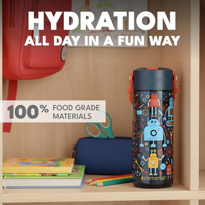 Elemental Water Bottles for Kids - Splash Kids Water Bottle for School with Pop-it Handle - BPA Free Tritan Plastic Water Bottle with Straw Leak Proof when Spout is Closed - Blue Robot - 18oz - color: Blue Robot