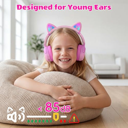 Kids Bluetooth Headphones with LED Cat Ears, Active Noise Cancelling Headphones for Kids, 85dB Safe Volume, 40H Play Time, Bluetooth 6.0, Fast Charging, Built-in Mic for iPad/Tablet/Airplane, Pink - color: Pink