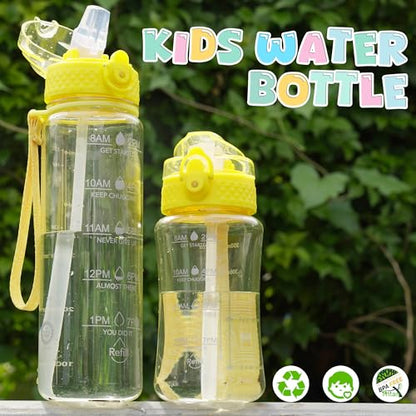 OLDLEY 12oz Kids Water Bottle, Tritan BPA-Free, Leakproof Flip Straw Lid, Motivational Time Marker, Carry Strap, Reusable Clear Water Bottle for Boys & Girls,Butter - color: Butter, style: 12 Ounces