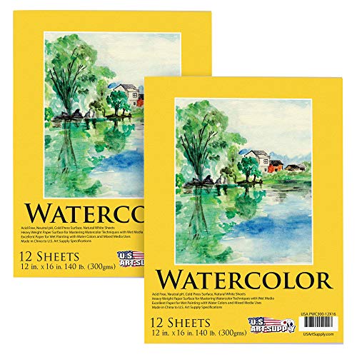 U.S. Art Supply 12" x 16" Premium Heavyweight Watercolor Paper Pad, Pack of 2 (12 Sheets Each), 140lb (300gsm) - Cold Pressed, Acid-Free, Wet, Water Color Paper - for Artists, Students - size: 12-x-16-inch
