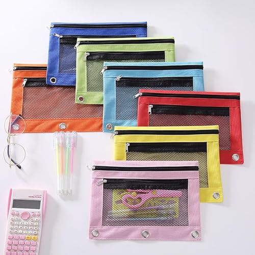 Jinshining 1pc Beige Pencil Pouch for 3 Ring Binder, Binder Pencil Case with Smooth Zipper,Clear Window Pencil Case,Big Capacity 3 Ring Binder Pencil Bag with 3 Reinforced Grommets,Binder Accessories