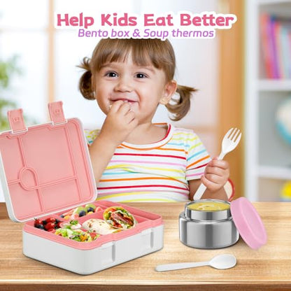Bento Lunch Box Kids and 9oz Soup Thermo – 5.5-Cup Leakproof Kids Bento Box with Ice Pack & 9oz Insulated Food Jar – Hot & Cold Food Lunch Container for Boy Girl School, Pink Set - color: Pink Set