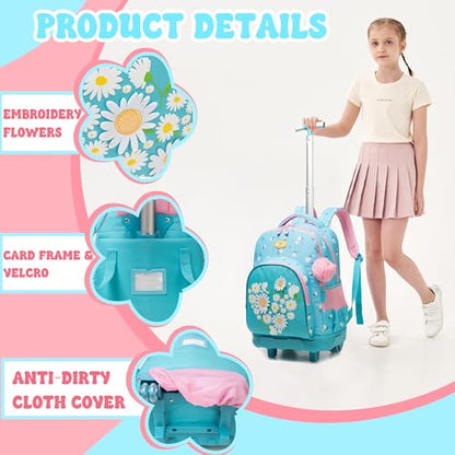 Girls Rolling Backpack Kids Backpacks with Wheels Travel Luggage for Elementary School Bookbag with Wheels Backpacks for Girls with Lunch Bag Set - color: Pink Blue Flower