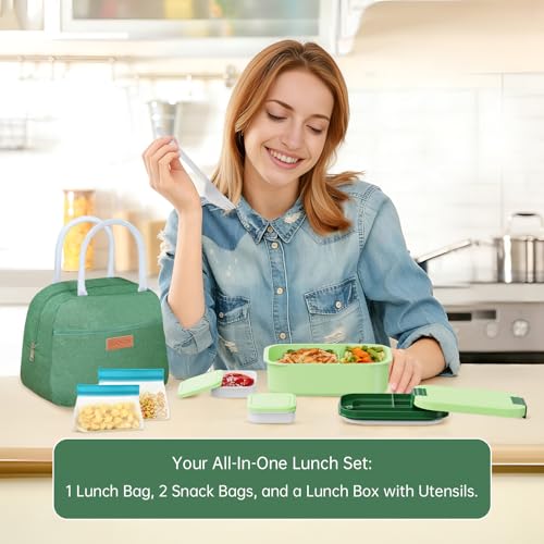 JBGOYON 4-in-1 Bento Box and Insulated Lunch Bag Set, Green | 6-hour insulation, 7.5 L lunch bag, leakproof 1.9 L container with 2 sauce cups, fork and spoon, 2 snack bags, BPA-fre - color: Dark Green