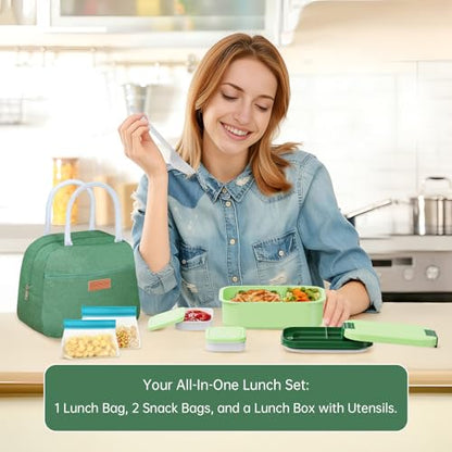 JBGOYON 4-in-1 Bento Box and Insulated Lunch Bag Set, Green | 6-hour insulation, 7.5 L lunch bag, leakproof 1.9 L container with 2 sauce cups, fork and spoon, 2 snack bags, BPA-fre - color: Dark Green