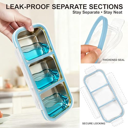 Stylish Blue Stainless Steel Lunch Box for Women - 3-Compartment Leak-Proof Snackle Box, Reusable Snack Containers with Lids for Kids & Adults, Stainless Steel Snack Containers & Storage Containers - color: 3 Compartments Blue