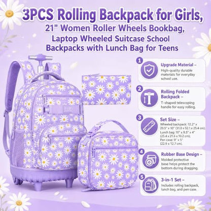 gxtvo Girls Rolling Backpack, Women Roller Bookbag with Lunch Box for Adults, Water Resistant Wheeled School Bag for College Teens Kids Travel - Purple Flower - color: Chrysanthemum Purple