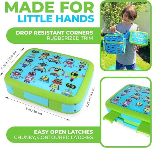 Bento Lunch Box for Kids with Thermo for Hot Food Soup, Insulated Lunch Bag and Ice Cold Pack Set, Stainless Steel Lunch Thermal, Container Boxes with 4 Compartments, Green Robot - color: Robot Set