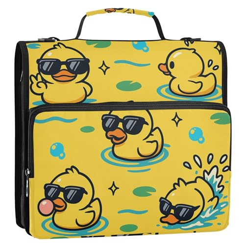 Cartoon Rubber Duck Wear Sunglasses Zipper Binder Organizer with Shoulder Strap Multi-Pocket 1.5 Inch 3 Rings Pencil Case Portfolio Binder Home Travel Cards Storage Container - color: Cartoon Rubber Duck Wear Sunglasses