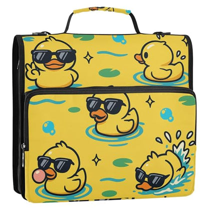 Cartoon Rubber Duck Wear Sunglasses Zipper Binder Organizer with Shoulder Strap Multi-Pocket 1.5 Inch 3 Rings Pencil Case Portfolio Binder Home Travel Cards Storage Container - color: Cartoon Rubber Duck Wear Sunglasses
