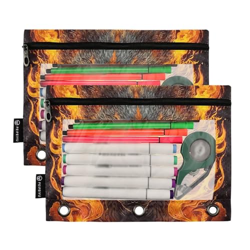 Personalized Custom Orange Black Flame Wolf Head Pencil Pouch for 3 Ring Binder Black Spider Web 2 Pack Binder Pouches Clear Window Zipper Pencil Case Cosmetic Organizer Bags