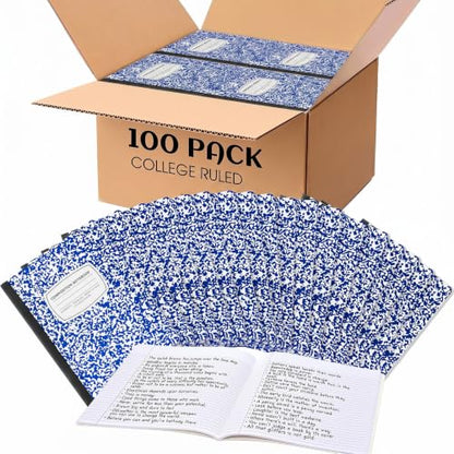 Fainne 100 Pack College Ruled Composition Notebooks B5 Composition Book Bulk 7.5 x 9.8 Inch 50 Sheets/ 100 Pages Marble Cover Journal Notebooks for College Office Back to School Supplies(Blue) - color: Blue