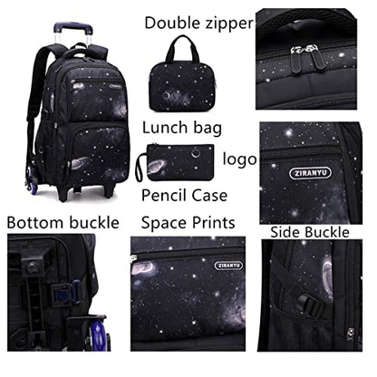VIDOSCLA Elementary Galaxy Teens Rolling Backpack Kids Boys Luggage with Wheels Trolly BookBag for School-6 Wheels - color: Sky Blue-3pcs 6 Wheels, style: 6 Wheels 3pcs
