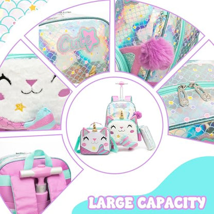 Meetbelify Backpack with Wheels for Girls Rolling Backpack Cute Carry on Backpack for Elementary Student - color: White Cat Mermaid