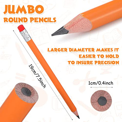 Fainne 48 Pcs Fat Pencils Jumbo Big Thick Large Pencils and 3 Pieces Sharpeners for Kids Beginners Preschoolers Kindergarten School Office Supplies(Orange+Silver,Round) - color: Orange+Silver, style: Round