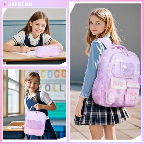 Jafeton Backpacks for Girls, Girls Backpack with Insulated Lunch Bag and Pencil Case for Kids Teens Elementary Middle High School Student, Cute Bow School Bag Travel Daypacks Book Bag Set - color: Purple Pink