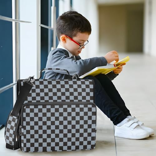 Dark Blue Black Checkered Binder Bag 3 Ring Zipper Binders with Shoulder Strap for School Office Organizer Storage - color: Q014