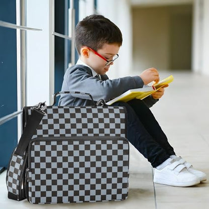 Dark Blue Black Checkered Binder Bag 3 Ring Zipper Binders with Shoulder Strap for School Office Organizer Storage - color: Q014