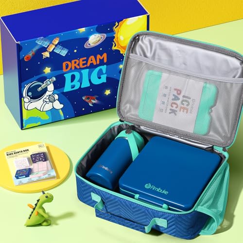 Fimibuke Kids Bento Lunch Box with 4 Compartments, Insulated lunch Bag, Stainless Steel Insulated Water Bottle, Ice Pack & Utensils Set, Birthday Gifts for Ages 3-12 Back to School Toddler Girls Boys - color: A8. Nautica Blue
