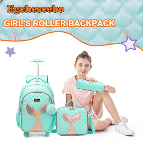 Kids Rolling Backpack for Girls Trolley Suitcases Luggage Travel with Wheels Bookbag Wheeled 17" 3PCS Roller Backpacks Toddler Back Pack School Bags Set for Elementary Mermaids Green - color: 5225-yuweiba-green