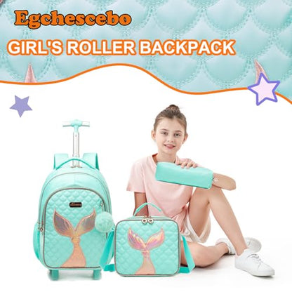 Kids Rolling Backpack for Girls Trolley Suitcases Luggage Travel with Wheels Bookbag Wheeled 17" 3PCS Roller Backpacks Toddler Back Pack School Bags Set for Elementary Mermaids Green - color: 5225-yuweiba-green