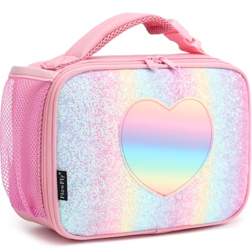 FlowFly Kids Lunch box Insulated Soft Bag Mini Cooler Back to School Thermal Meal Tote Kit for Girls, Boys, Glitter-RainBow - color: Glitter&Rainbow